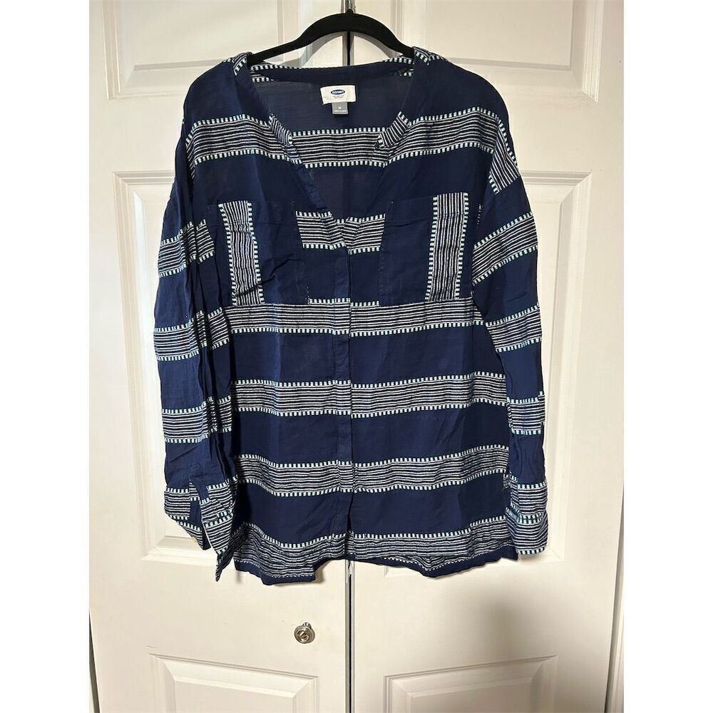 Old Navy Women's M Blue Striped Embroidered Cotton Button-Up Shirt Long Sleeve